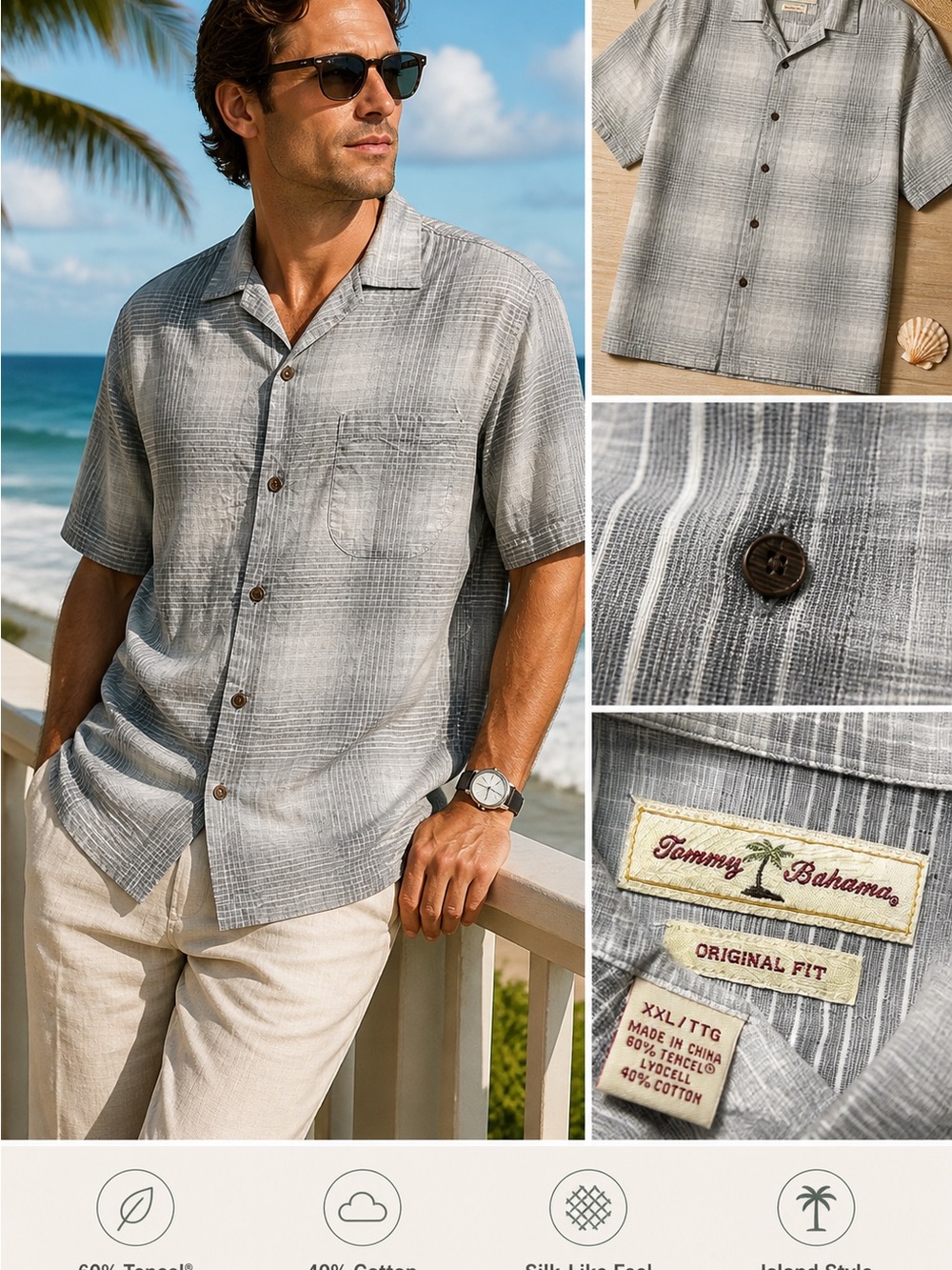 Tommy Bahama Button Up Shirt XXL Gray Stripe Silk Feel Tencel Camp Casual